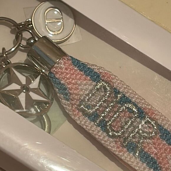 Dior Embroidered Ribbon Ring Keychain Stripe Pink Blue White Dangle Charms NWT - Picture 5 of 8